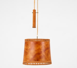 MID-CENTURY LEATHER COUNTERWEIGHT PENDANT LIGHT
