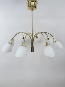 SCANDINAVIAN BRASS AND GLASS SHADE CHANDELIER