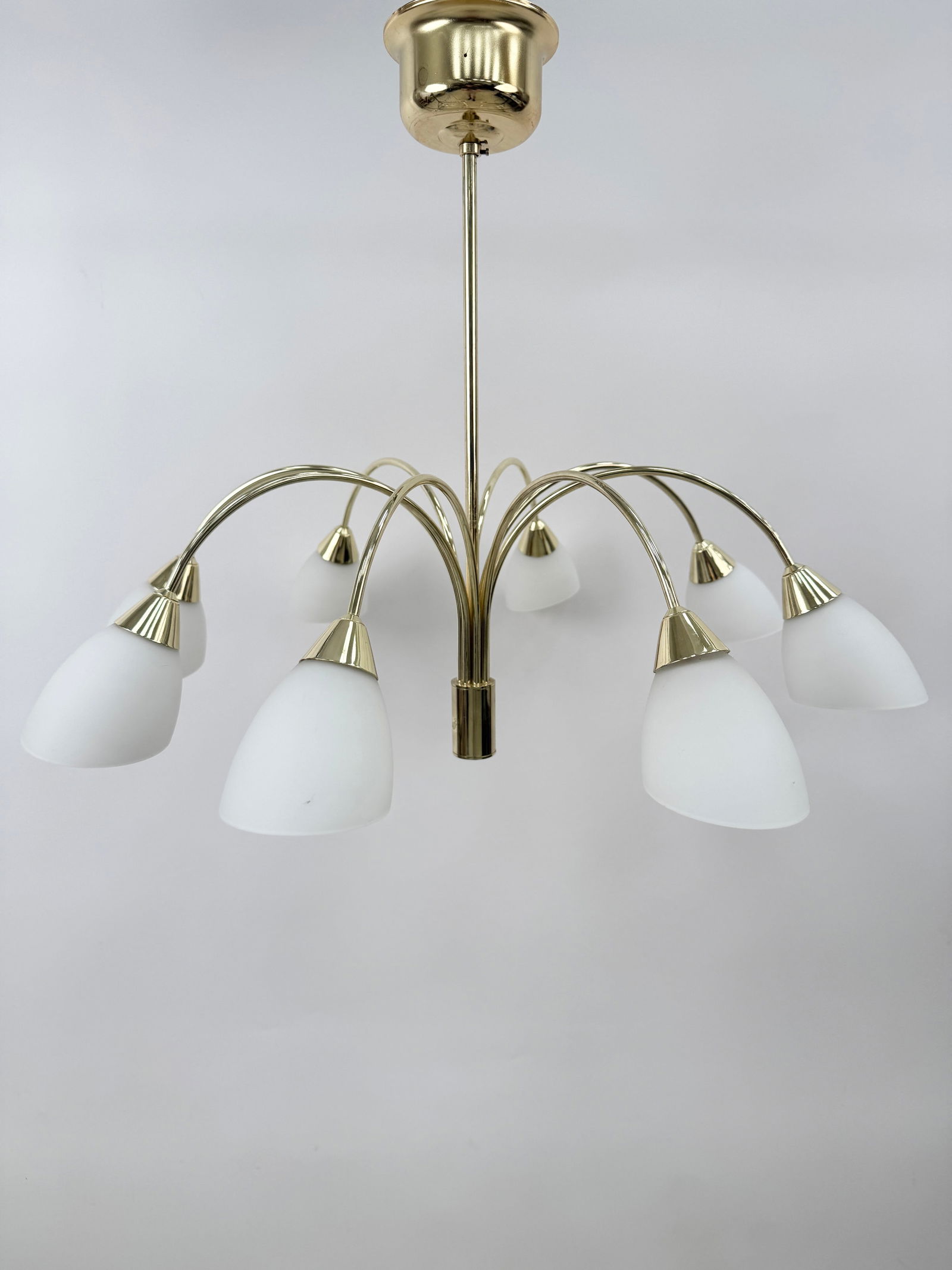 SCANDINAVIAN BRASS AND GLASS SHADE CHANDELIER: Dimensions: H 16.5" x W 18.25" x D 12". Condition: Wiring untested. Minor scuffs to metal. Nick to one shade, as shown in photos.