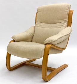 DANISH BEECH & WOOL BENTWOOD EASY CHAIR C. 1970S