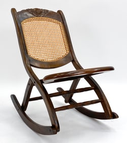 ANTIQUE BEECH & CANE FOLDING ROCKING CHAIR