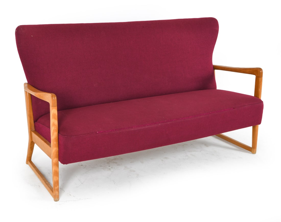 SOREN HANSEN FOR FRITZ HANSEN BEECH SOFA C. 1960S: Apparently unmarked. Wool upholstery. Dimensions: H 36"x W 65" x D 24", SH 15" Condition: Minor blemishes to upholstery. Slight marks to armrests. Presents well overall.