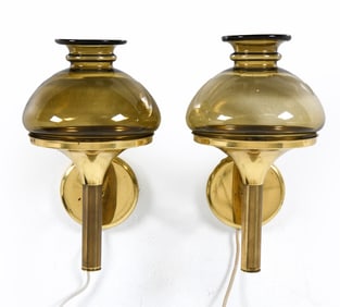 PAIR SVEND MEJLSTROM DANISH BRASS & GLASS SCONCES