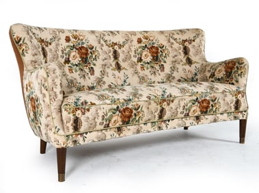 MID-CENTURY DANISH CURVED WINGBACK SOFA C. 1950S