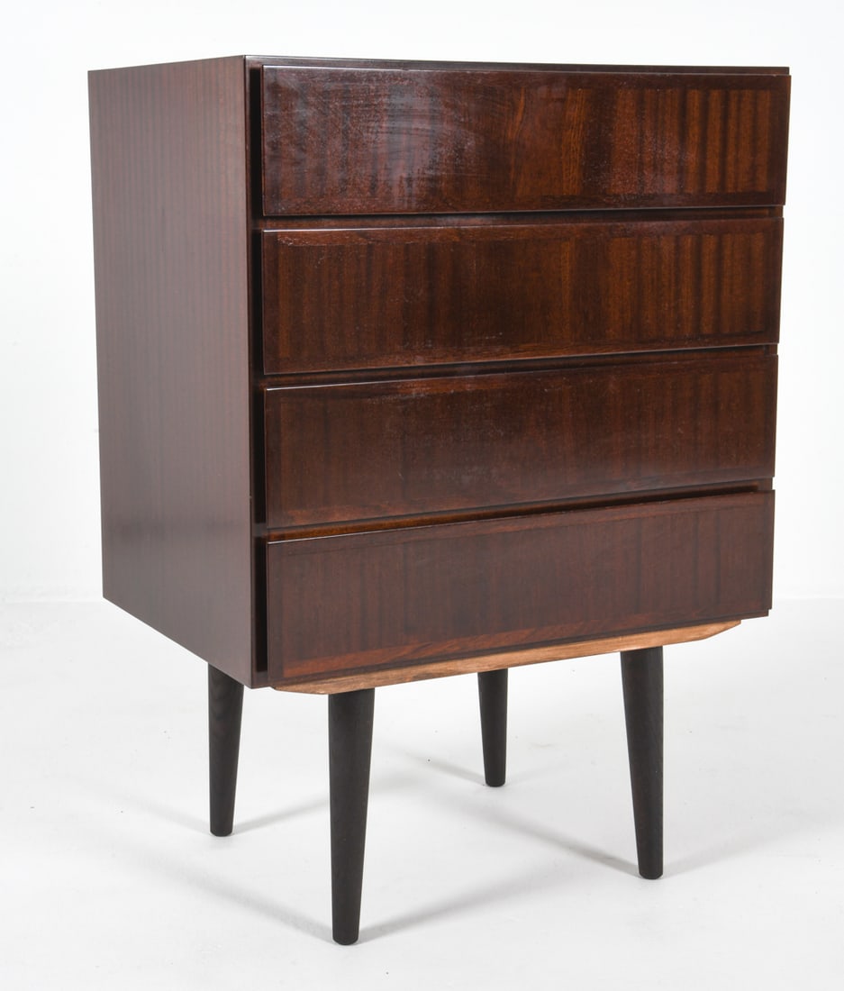 OMANN JUN MODEL 60 DANISH MAHOGANY CHEST: Label to backs corner. Marked Nr. 60. Dimensions: H 34" x W 24.25" x D 17" Condition: Scattered marks and rubbing to finish. Slight tobacco odor to exterior and slight musty odor to interior drawers.