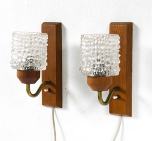 PAIR MID-CENTURY DANISH TEAK & GLASS WALL SCONCES