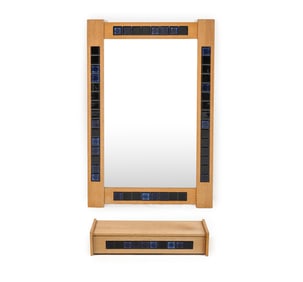 DANISH OAK & TILE FLOATING SHELF & MIRROR