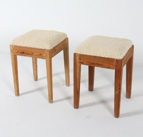 PAIR SWEDISH PINE & LAMBS WOOL STOOLS