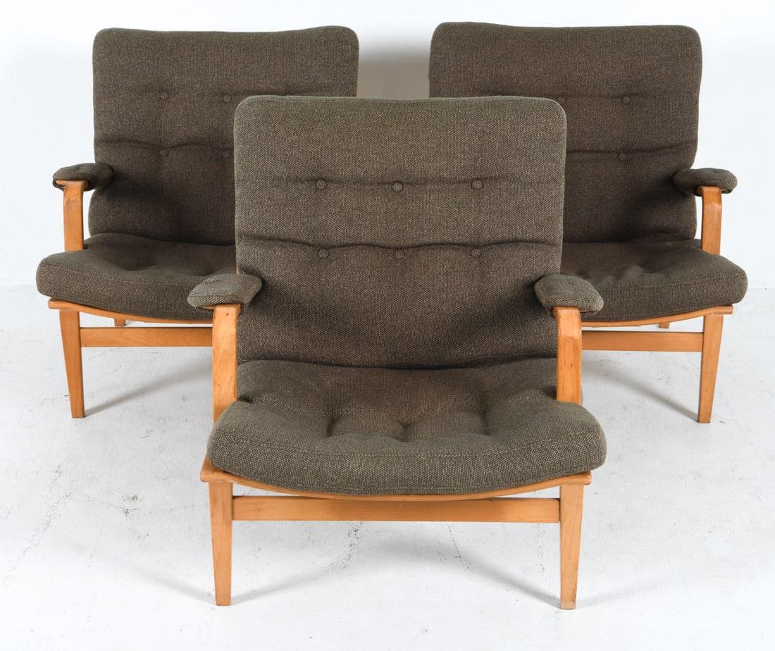 BRUNO MATHSSON FOR DUX 'INGRID' BEECH ARMCHAIRS: (3) in total. Stamped to undersides. With gray-tone wool upholstery. Dimensions: H 30.5" x W 30" x D 28", SH 16" Condition: Scattered scuffs, dings and rubbing to frames and legs. Fraying to wool upho
