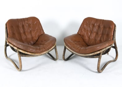 PAIR DANISH BAMBOO & LEATHER LOUNGE CHAIRS