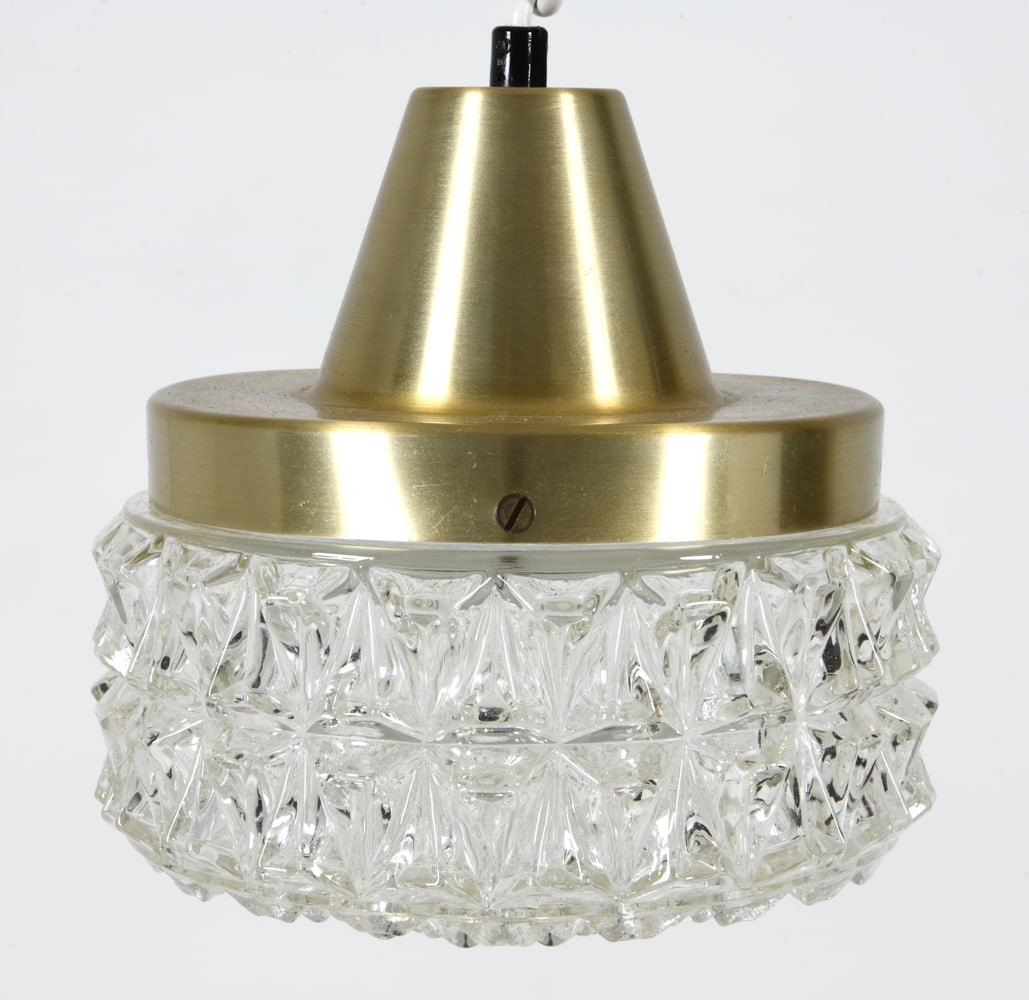 MID-CENTURY VITRIKA DANISH GLASS PENDANT LIGHT: With textured glass shade and brass brushed metal cap. Dimensions: H 7.75" x Dia. 7.5" Conditions: Lighting is untested, Present well overall, no other issues to note DDE C