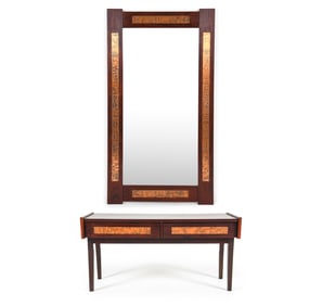MID-CENTURY ROSEWOOD & COPPER CHEST & MIRROR