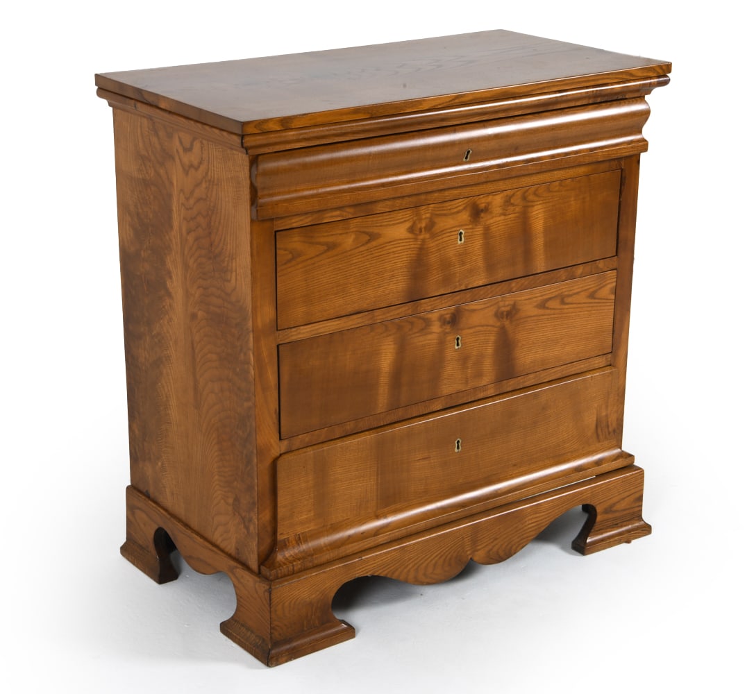 SCANDINAVIAN CHEST OF DRAWERS: Includes (1) keys. Inlaid bone to key holes. Dimensions: H 36.5" x W36" x D 19" Condition: Top and bottom drawer locks require servicing. Scattered nicks and surface dings. Presents well overall.