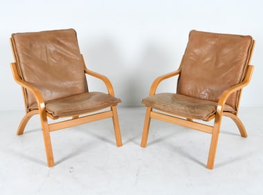 PAIR STOUBY DANISH BEECH & LEATHER LOUNGE CHAIRS