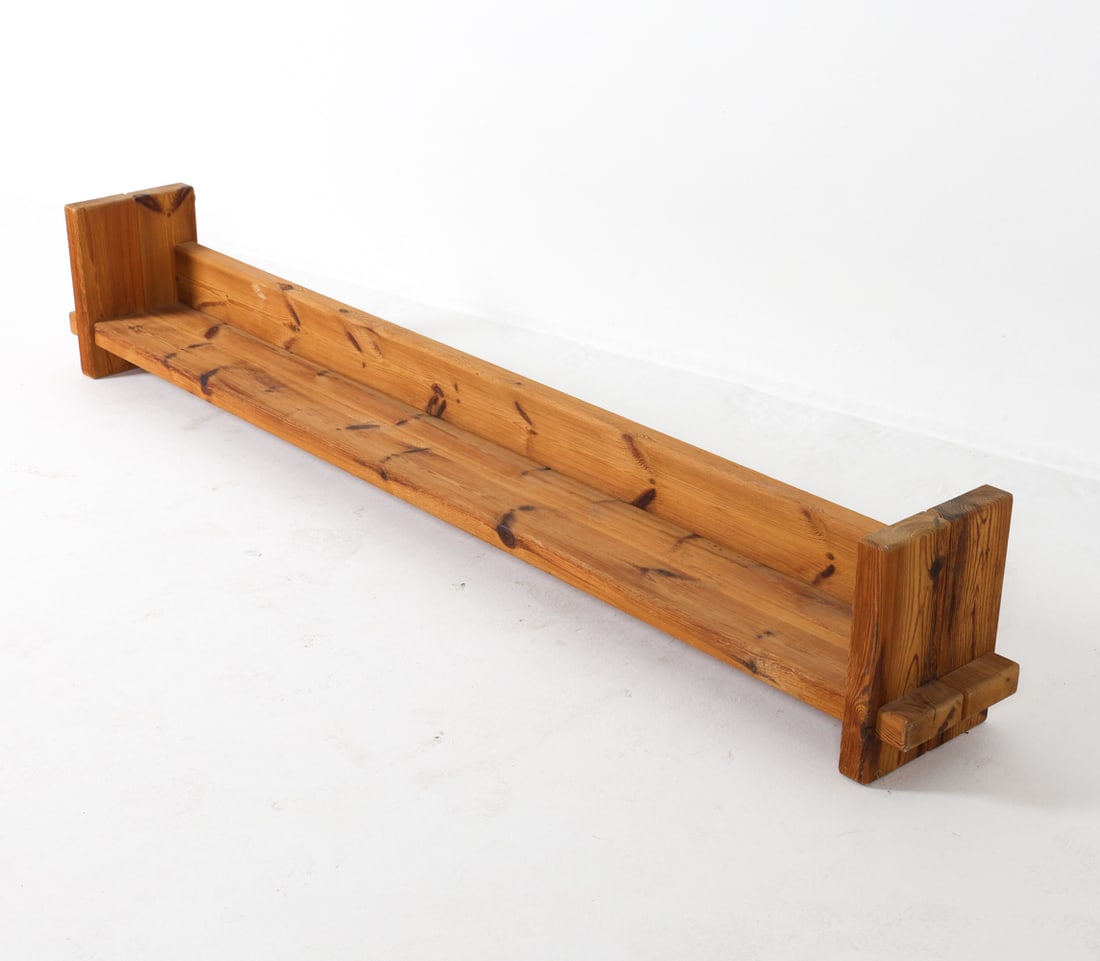 HANS FRYDENDAL "CHRISTIAN IV" BRUTALIST PINE SHELF: Circa 1960s. Dimensions: H 12" x W 72" x D 9" Condition: Nicks. scuffs and marks. Scattered paint residue to backside. Wear consistent with age and use. DDE C