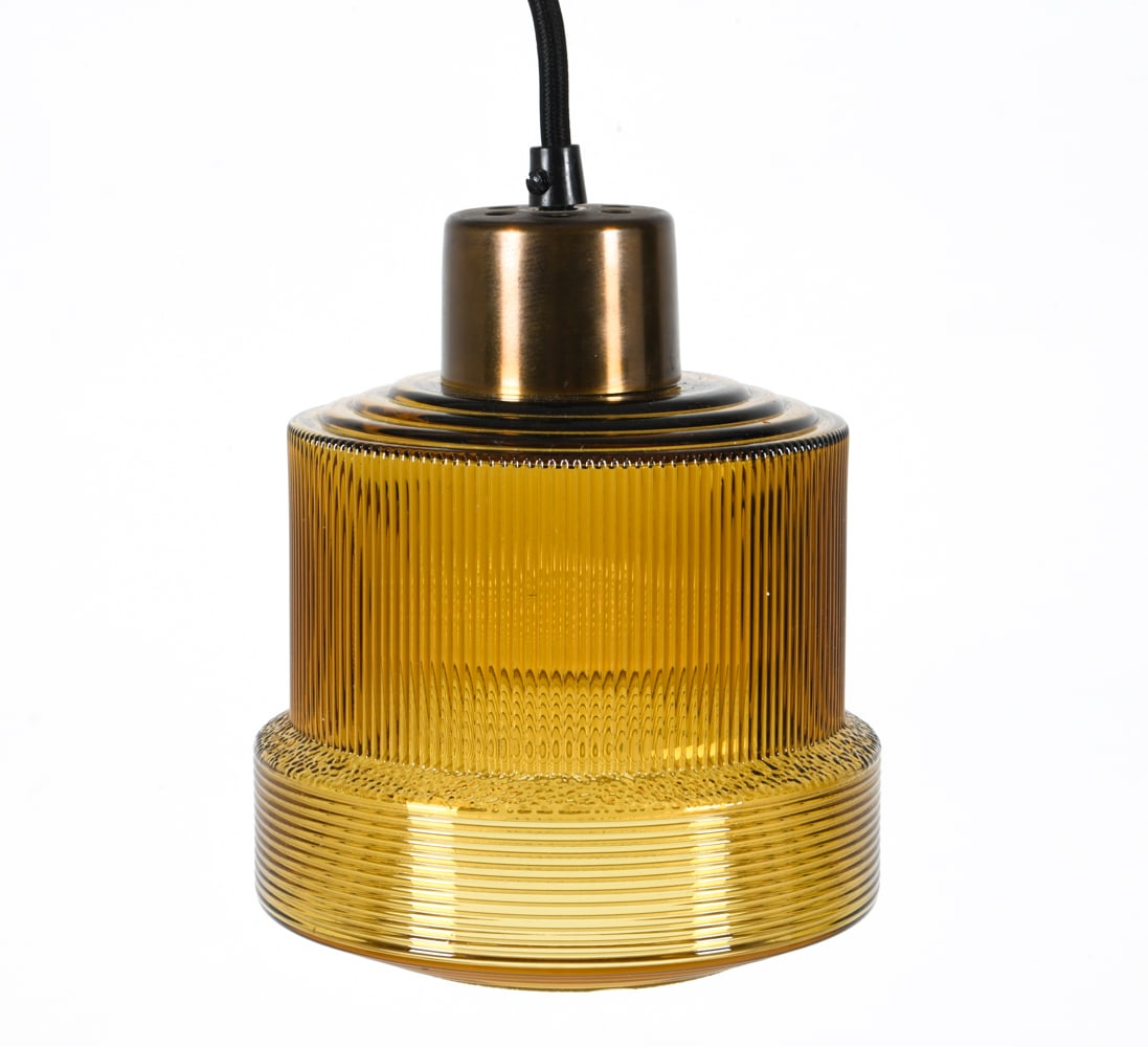 MID-CENTURY DANISH GLASS PENDANT LIGHT C. 1960S: Amber glass textured shade. Dimensions: H 7.5" x Dia. 6.5" Conditions: Presents well overall. Untested. No other issues to note DDE C