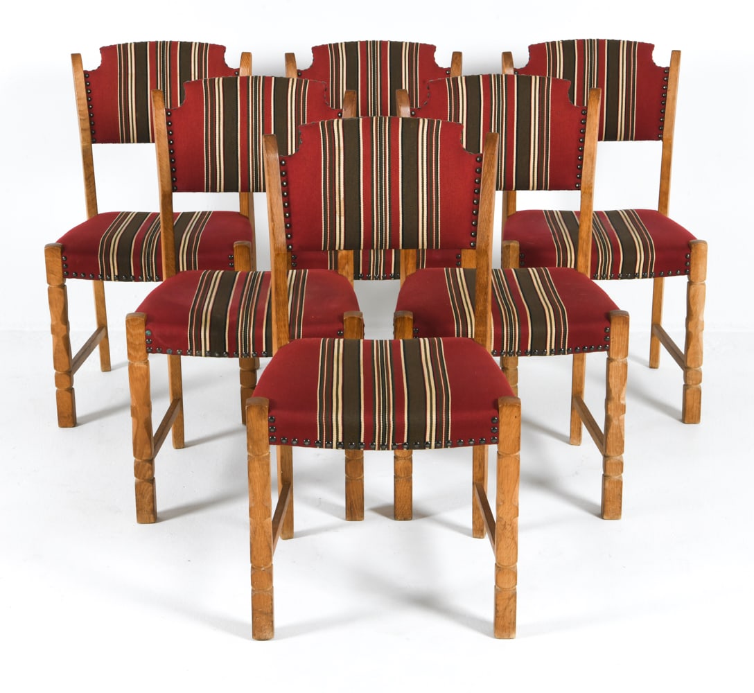 (6) HENNING KJAERNULF DANISH OAK DINING CHAIRS: Red-tone wool upholstery with tack edges. Dimensions; H 34" x W 19" x D 17", SH 17" Condition: Scattered blemishes to upholstery. Scuffs, nicks and discoloration to oak frame. Wear consistent with age