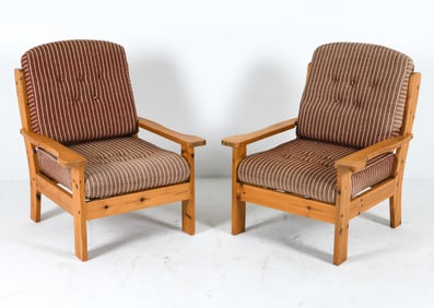 PAIR SWEDISH PINE & WOOL LOUNGE CHAIRS C. 1960S
