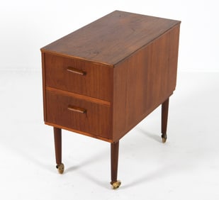 DANISH MID-CENUTRY TEAK ROLLING SIDE TABLE CHEST
