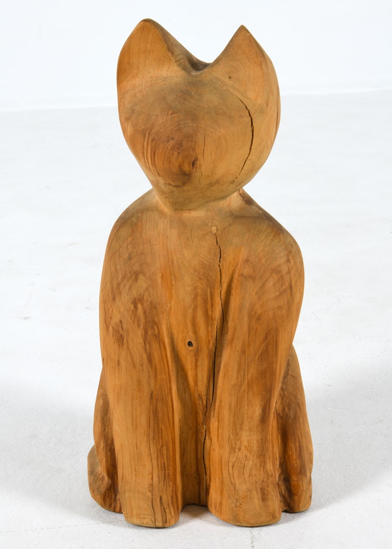 DANISH CARVED WOODEN CAT SCULPTURE: Signed "Frank E 99" underneath Dimensions: H 17.25" x W 8.25" x D 7" Conditions: Presents well overall, wear consistent with age and use, a few stress line to body and head, DDE C