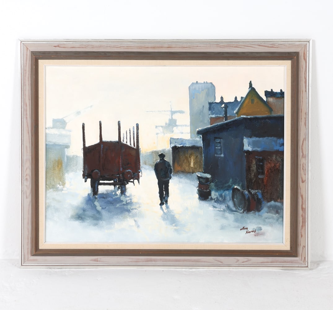 ALLAN KARMS (DANISH 1933-2021) STREET SCENE O/C: Signed to lower corner. Frame: H 30.5" x W 38.5" Canvas: H 24" x W 32" Condition: Minor nicks and scuffs to frame. Painting presents well overall.