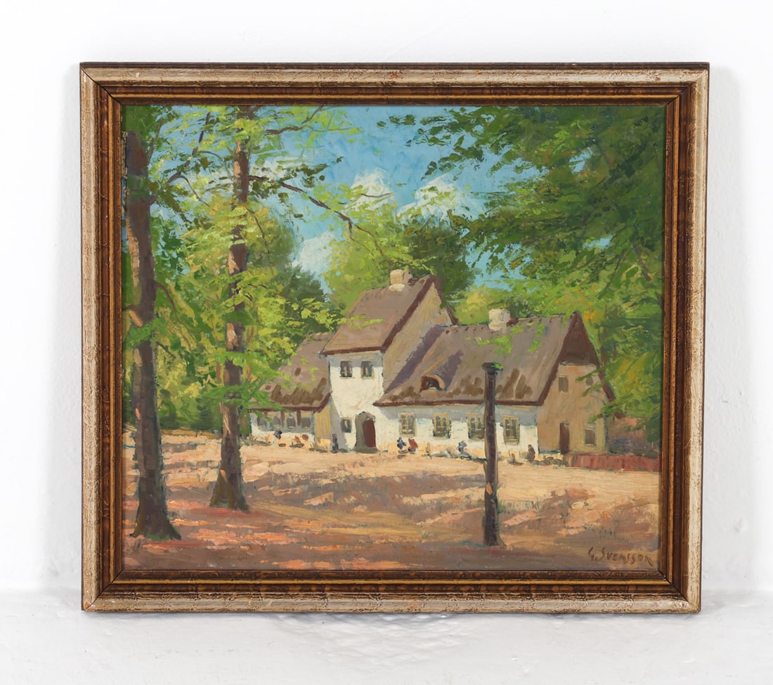 GUSTAF SVENSSON (1893 - 1957) LANDSCAPE O/C: Signed to lower corner. Frame: H 20.5" x W 23" Canvas: 18.25" x W 20" Condition: Canvas has slight buckling. Joint separation to frame. Wear consistent with age and use.