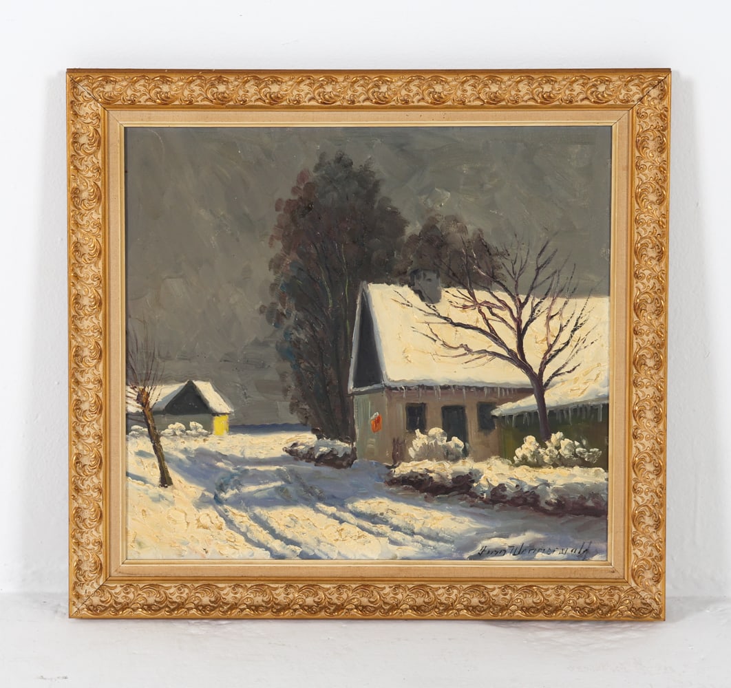 FINN WENNERWALD (DANISH, 1891-1969) LANDSCAPE O/C: Signed lower corner.Frame: H 24" x W 26" Canvas: 20" x W 22"Condition: Light scuffs and rubbing to frames. Painting presents well overall.