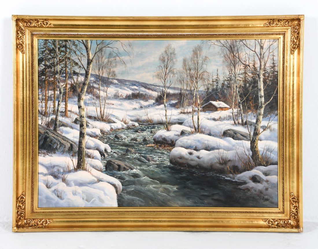 JENS BENNEDSEN (DANISH 1893-1967) LANDSCAPE O/C: Signed to lower corner. Marked to verso. Frame: H 43.25" x W46" Canvas: H 28" x W 39.5" Condition: Scattered nicks and scuffs to frame. Painting presents well overall.