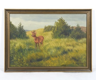 CARL HOYRUP (DANISH 1893-1961) DEER IN FIELD O/C