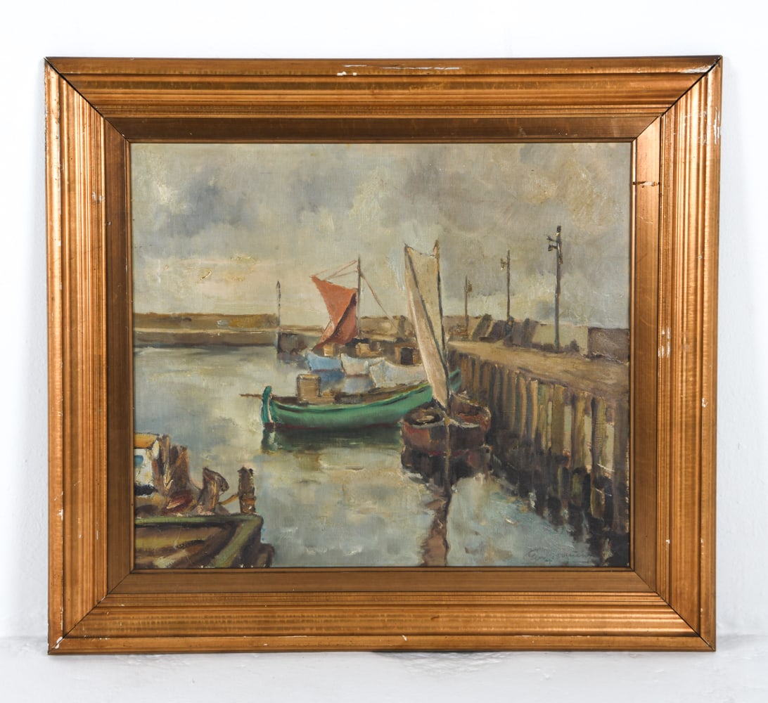 EWALD AUGUST GRAUENGAARD (1889-1962) DOCK SCENE: Signed to lower corner. Oil on canvas. Frame: H 31.75" x W 35.75" Canvas: H 23" x W 27" Condition: Moderate scuffs and nicks to frame. Hole to lower right canvas. Surface soiling. Wear consistent with