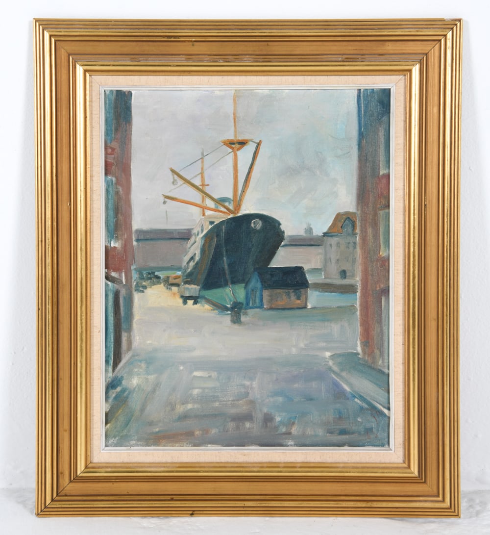20TH C. DANISH SEAPORT O/C: Frame: H 27" x W 23" Canvas H 20" x W 16" Condition: Nicks and dings to frame. Presents well overall.