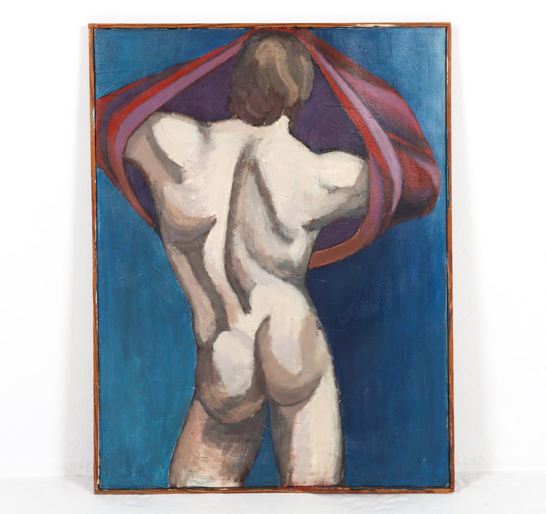 20TH CENTURY NUDE MALE FIGURE O/C PAINTING: Apparently unsigned. Depicts a nude male figure pulling a cloth over his head Frame: H 33.25" x W25.5" Canvas: 32.75" x W 24.5" Condition: Buckling to canvas. Good candidate for re stretching. Paint r