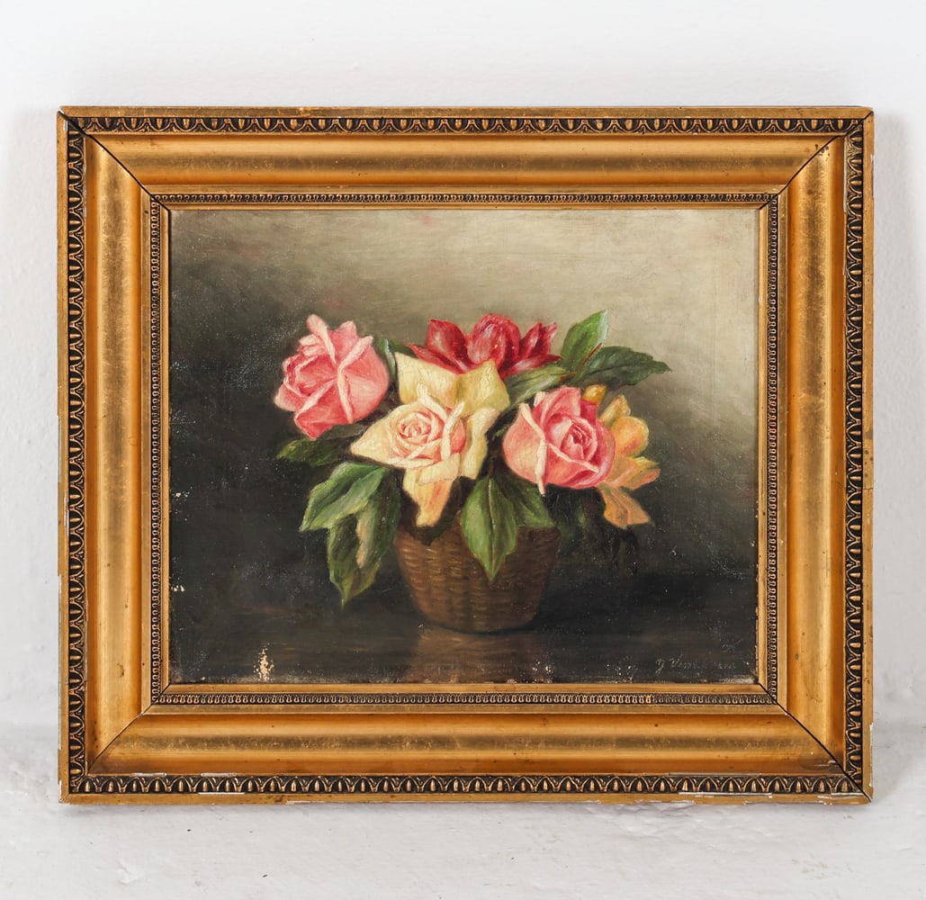 YELVA VERMEHREN (DANISH 1878-1980) STILL LIFE O/C: Signed to lower corner and labeled to verso. Frame: H 16" x W 18.25" Canvas: H 11" x W 12.75" Condition: Buckling to canvas. Areas of loss to canvas. Moderate craquelure to canvas. Wear consistent wit