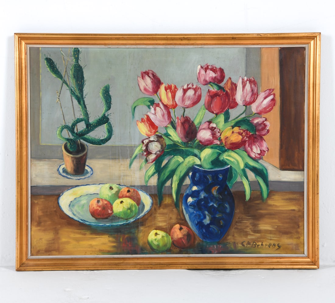 C. F. BEHRENS (DANISH, 1902-1979) STILL LIFE O/C: Signed to lower corner. Frame: H 29.5" x W 37.75" Canvas: H 27" x W 35" Condition: Scattered nicks and dings to frame edges. Water marks and surface soiling to canvas. Wear consistent with age and use