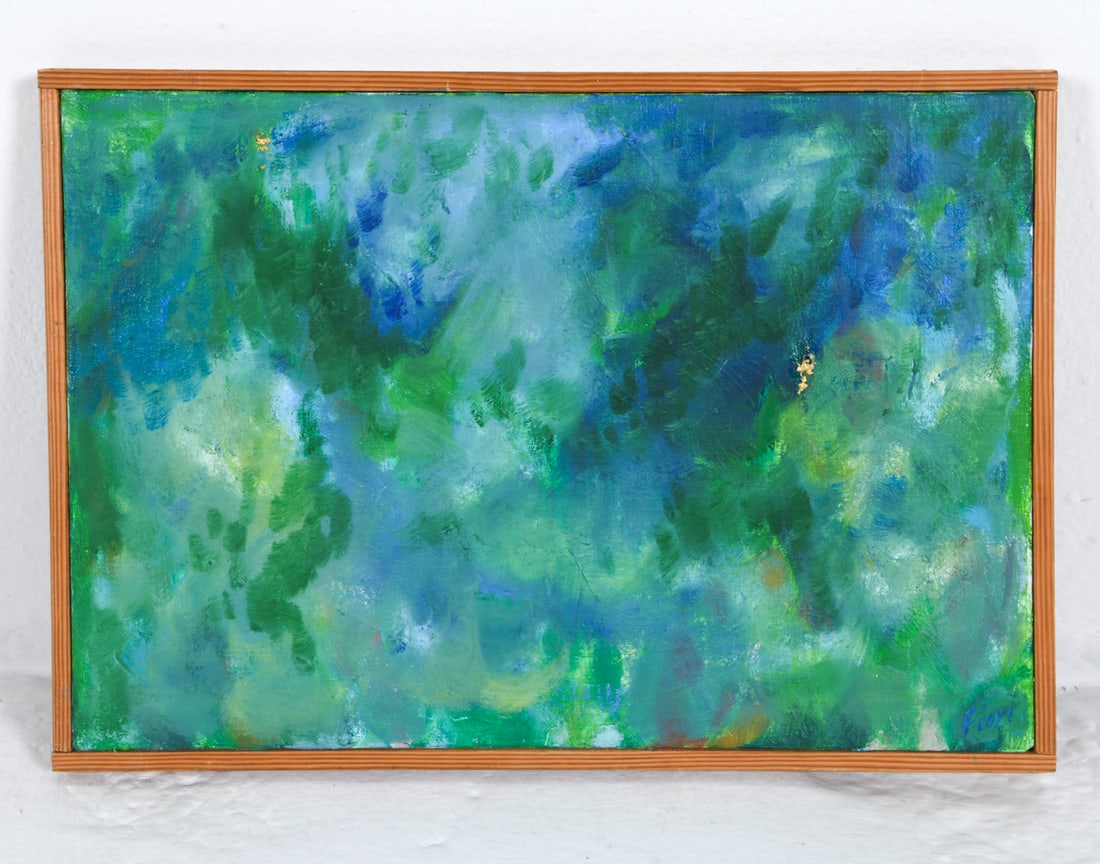 FIORI 1994 ABSTRACT O/C PAINTING: Signed and dated to verso. Frame: H 13" x W 18.25" Canvas: H 12" x W 17.5" Condition: Minor scuffs to pine frame. Presents well overall.