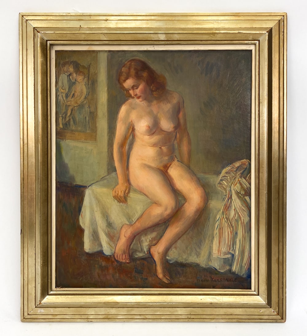 DAVID KARFUNKLE (1880-1959) NUDE PORTRAIT O/C: Depicting a nude woman posing. Signed lower right. Oil on canvas. Dimensions: (Frame) H 29.5"x W 25.5" (Sight) H 23" x W 18.75" Condition: Taped frame on the back, light scratches and dents on the fra