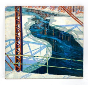 20TH C. IMPRESSONIST BRIDGE SCENE O/C PAINTING