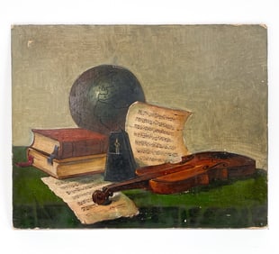 20TH C. TROMPE L'OEIL STILL LIFE OIL ON BOARD