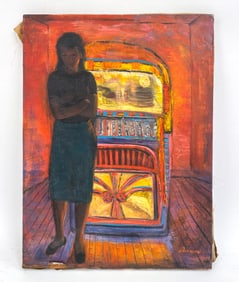 20TH C. IMPRESSIONIST PORTRAIT W/ JUKE BOX O/C