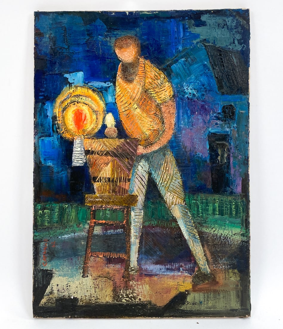 BRAZILIAN IMPRESSIONIST PAINTING: Stylized painting of an ice cream man. Signed and dated lower left, Catanho, 62. Inscription on verso "Sorveteiro Recife Catanho". Oil on canvas. Unframed. Dimensions: H 26" x W 18" Condition: Wear co