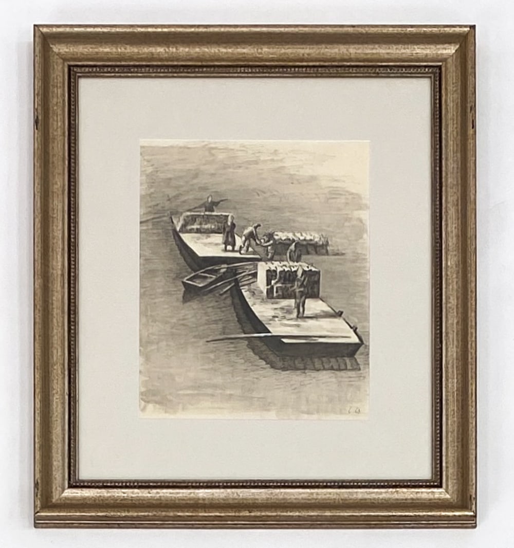 1963 INK DRAWING OF BOATS: Image of people on boats. Pencil on paper. Indistinct inscription, lower right. Dimensions: (Frame) H 21.75" x W 19.5" (Sight) H 12.25" x W 10.25" Condition: Wear consistent with age. Nicks and dings 