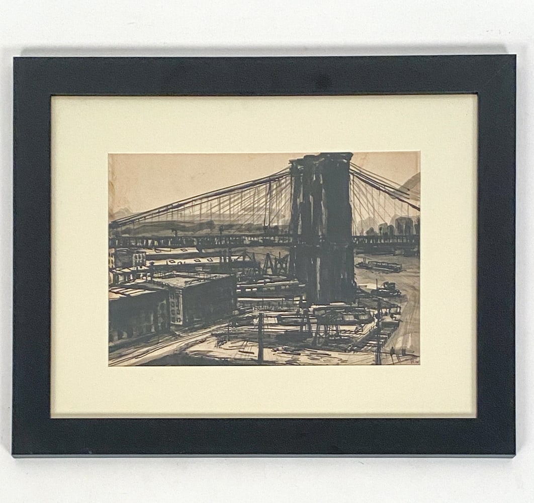 20TH C. MODERNIST BRIDGE WATERCOLOR 1950: Cityscape with Brooklyn Bridge. Indistinctly signed and dated 1950 lower right. Watercolor on paper. Dimensions: (Frame) H 21.75" x W 25.75" (Sight) H 11.75" x W 15.75" Condition: Wear consistent with