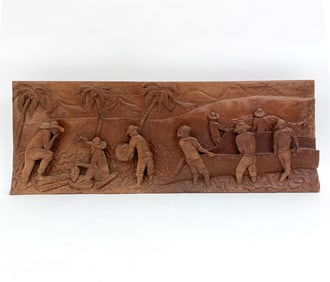 CARVED WOODEN FISHING SCENE SCULPTURE
