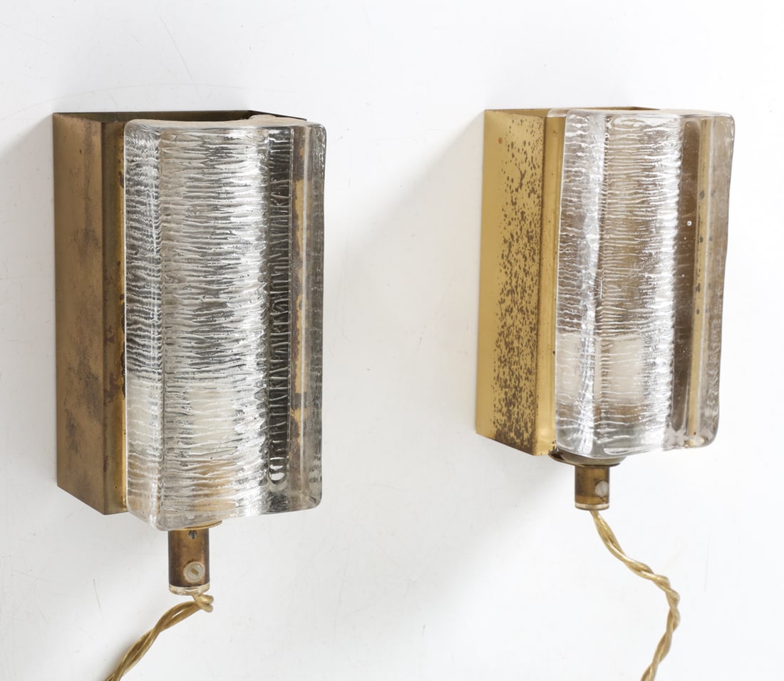 PAIR VITRIKA DANISH GLASS & BRASS SCONCES: Dimensions: H 5" x 2.75" x 2.75". Conditions: Glass presents well overall. Scuffs and discoloration on metal consistent with age and use. untested.