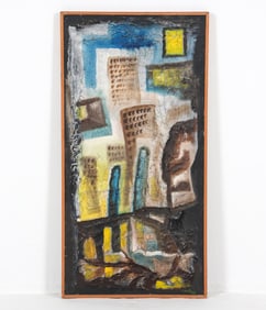 E. HINDBERG (DANISH 20TH C) ABSTRACT CITYSCAPE O/B