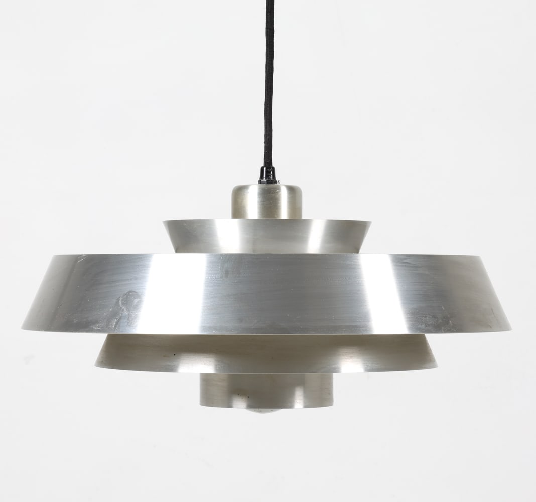 JO HAMMERBORG FOG & MORUP 'NOVA' PENDANT LIGHT: For Fog & Morup. Metal saucer pendant light. Denmark, circa 1970s. Dimensions: H 5.5" x Dia. 17". Condition: Wiring untested. Minor scuffs and scratches. Wear consistent with age and use.