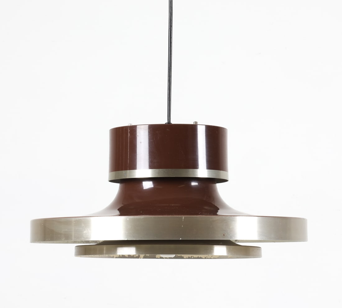 CARL THORE STYLE DANISH PENDANT LIGHT C. 1970S: Metal saucer pendant light in brown and silver finish. Dimensions: H 8" x Dia 17". Condition: Wiring untested. Scuffs and scratches to finish. Wear consistent with age and use.