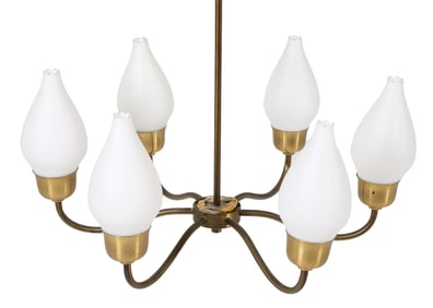 DANISH BRASS & GLASS TULIP CHANDELIER C. 1960S
