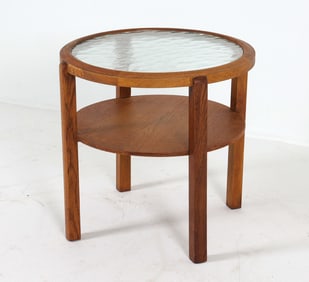 DANISH ROUND OAK & GLASS SIDE TABLE C. 1960S