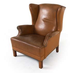 MID-CENTURY DANISH LEATHER WINGBACK LOUNGE CHAIR